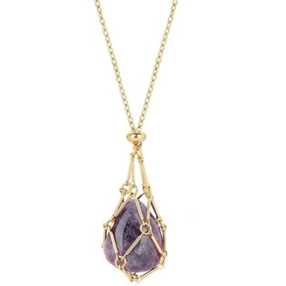 Women's Interchangeable Gold Amethyst Crystal Stone Luxury Cage Pendant - Picture 1 of 5